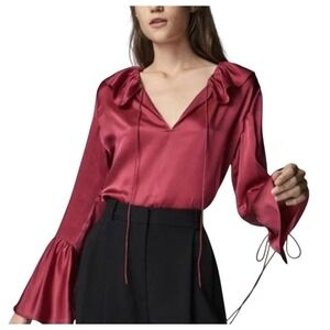NWT Massimo Dutti Womens Magenta  Silk  Ruffle Collar Bell Sleeve Blouse Top S